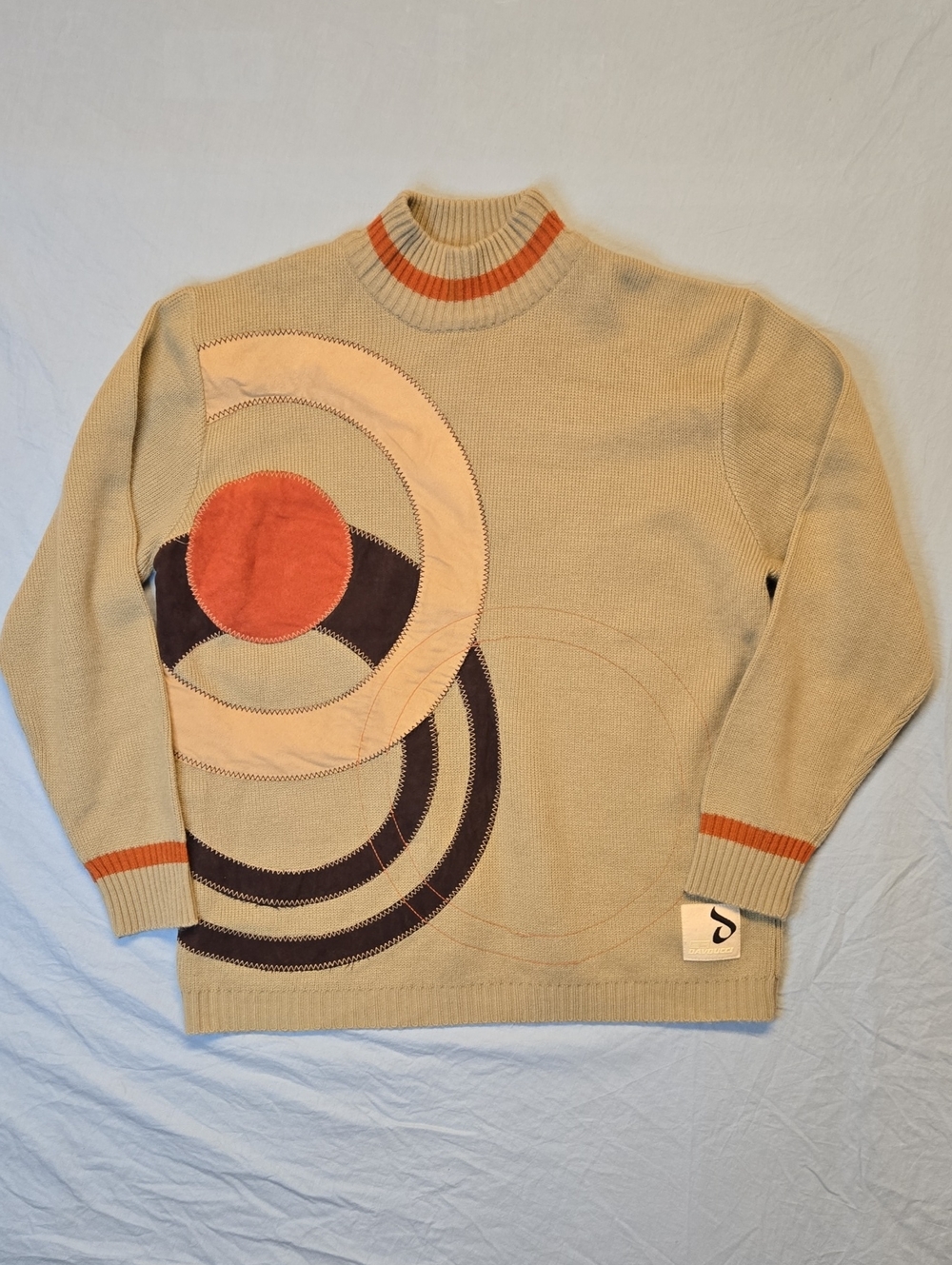 Davoucci Beige Graphic Patchwork Knit Sweater with Orange Accents Vintage Y2K